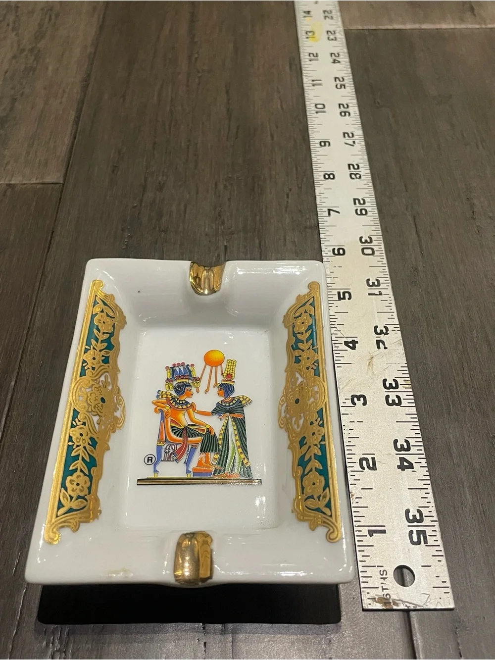Vintage Tiny Sun Egyptian Revival Porcelain Ashtray Gold Turquoise 5.5” x 3.5”